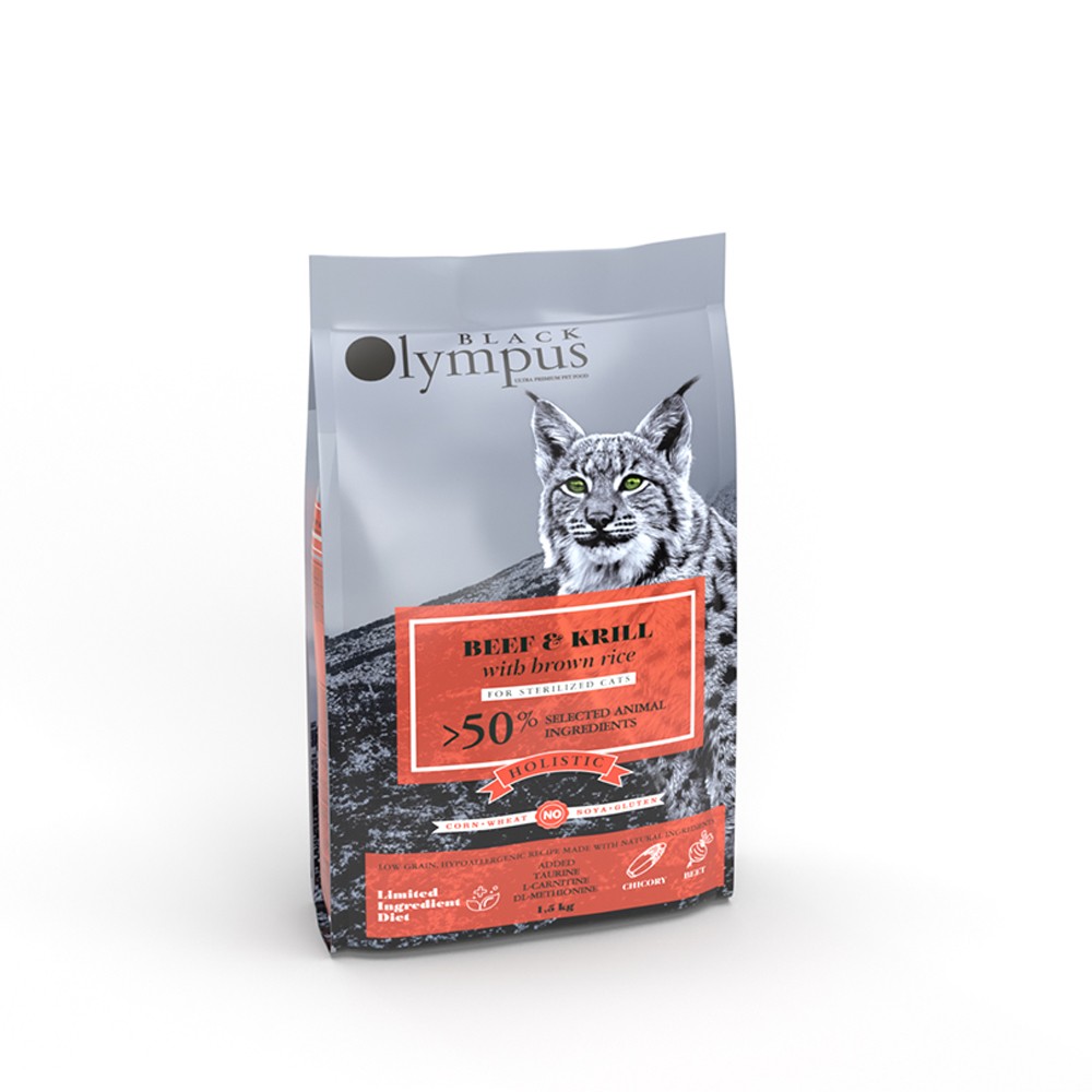 BLACK OLYMPUS CAT STERILIZED BEEF & KRILL & BROWN RICE Για στειρωμένες ενήλικες γάτες με μοσχαρίσιο κρέας και κριλ με καστανό ρύζι 1,5kg